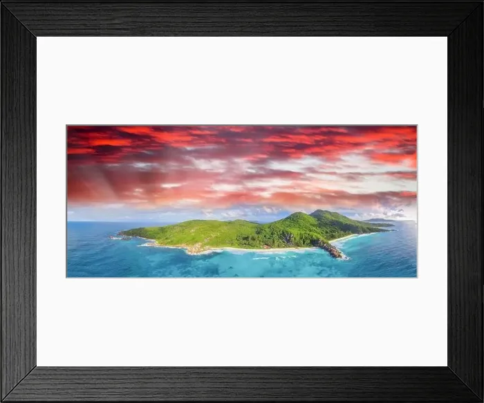 Framed Print : Tropical beach with sea and palm taken from drone. Seychelles famous beach - aerial photo of La Digue Grand Anse Framed Print : Tropical beach with sea and palm taken from drone. Seychelles famous beach - aerial photo of La Digue Grand Anse
