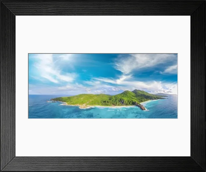 Framed Print : Tropical beach with sea and palm taken from drone. Seychelles famous beach - aerial photo of La Digue Grand Anse Framed Print : Tropical beach with sea and palm taken from drone. Seychelles famous beach - aerial photo of La Digue Grand Anse