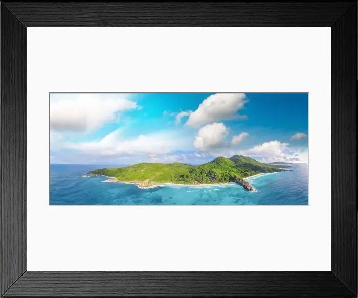 Framed Print : Amazing aerial view of Grand Anse in La Digue Island, Seychelles. Ocean and forest Framed Print : Amazing aerial view of Grand Anse in La Digue Island, Seychelles. Ocean and forest