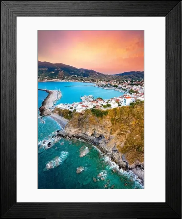 Framed Print : View of town and port at the island Skopelos, northern Sporades, Greece Framed Print : View of town and port at the island Skopelos, northern Sporades, Greece