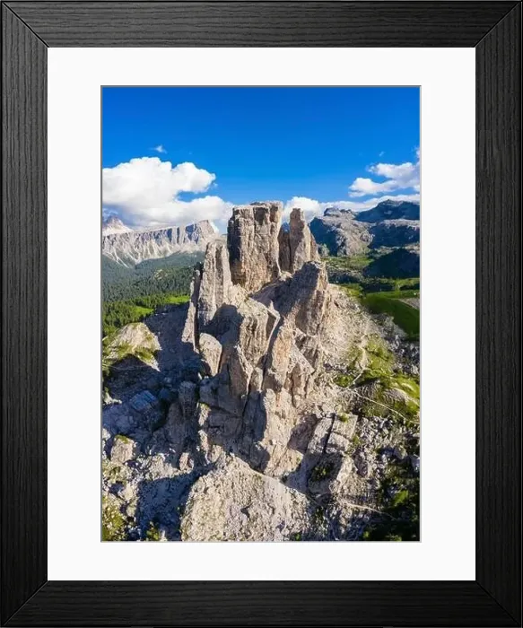 Framed Print : Aerial view of the Cinque Torri from above at sunrise. Cortina d'Ampezzo, Belluno province, Dolomites, Veneto, Italy Framed Print : Aerial view of the Cinque Torri from above at sunrise. Cortina d'Ampezzo, Belluno province, Dolomites, Veneto, Italy