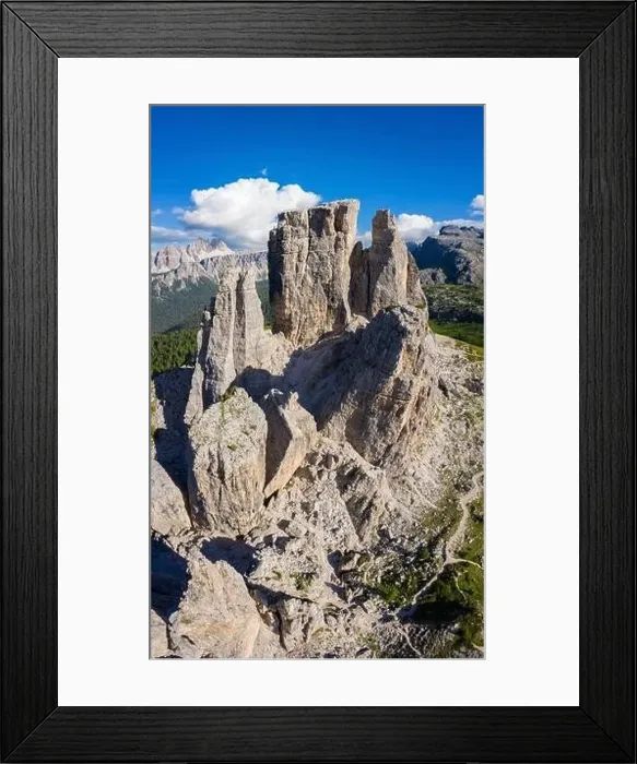Framed Print : Aerial view of the Cinque Torri from above at sunrise. Cortina d'Ampezzo, Belluno province, Dolomites, Veneto, Italy Framed Print : Aerial view of the Cinque Torri from above at sunrise. Cortina d'Ampezzo, Belluno province, Dolomites, Veneto, Italy