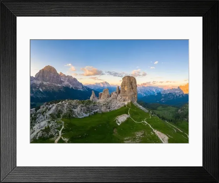 Framed Print : Aerial view of the Cinque Torri from above at sunset. Cortina d'Ampezzo, Belluno province, Dolomites, Veneto, Italy Framed Print : Aerial view of the Cinque Torri from above at sunset. Cortina d'Ampezzo, Belluno province, Dolomites, Veneto, Italy