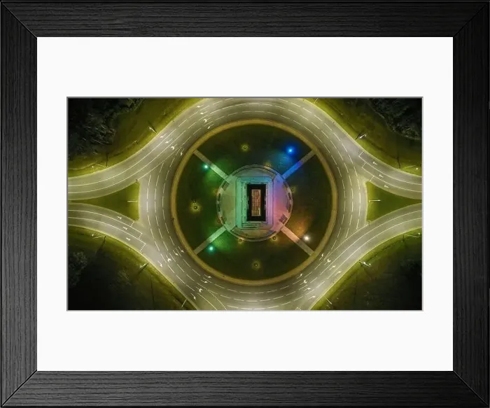 Framed Print : Colorful roundabout road at night time above top view Framed Print : Colorful roundabout road at night time above top view