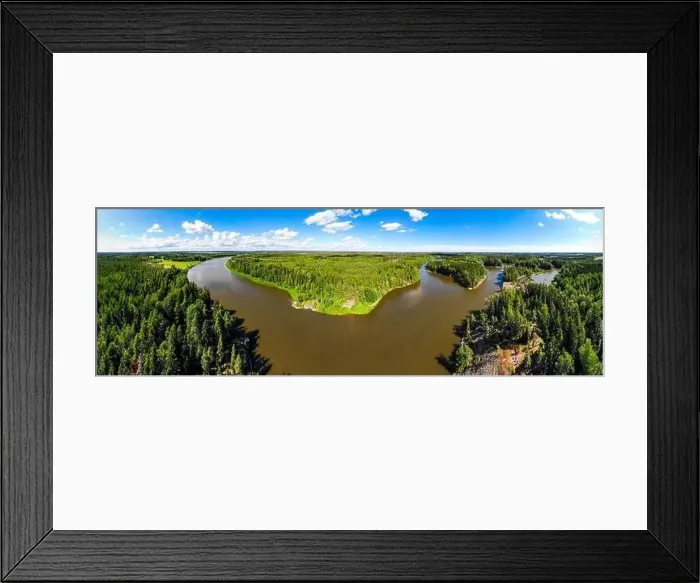 Framed Print : Aerial panoramic summer view of rapid Ahvionkoski at river Kymijoki, Finland Framed Print : Aerial panoramic summer view of rapid Ahvionkoski at river Kymijoki, Finland