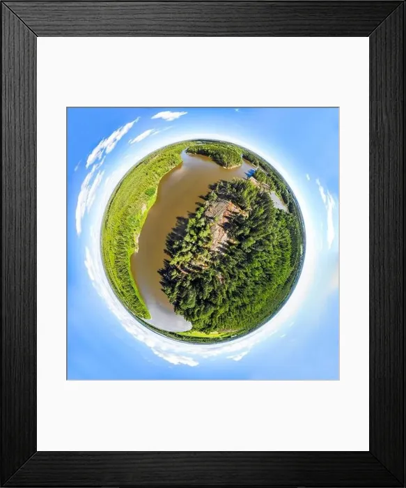 Framed Print : A three dimensional panoramic view of of rapid Ahvionkoski at Kymijoki river, Finland, in a mini planet panorama style Framed Print : A three dimensional panoramic view of of rapid Ahvionkoski at Kymijoki river, Finland, in a mini planet panorama style