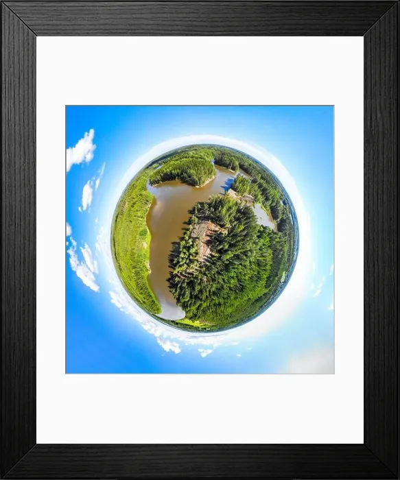 Framed Print : A three dimensional panoramic view of of rapid Ahvionkoski at Kymijoki river, Finland, in a mini planet panorama style Framed Print : A three dimensional panoramic view of of rapid Ahvionkoski at Kymijoki river, Finland, in a mini planet panorama style