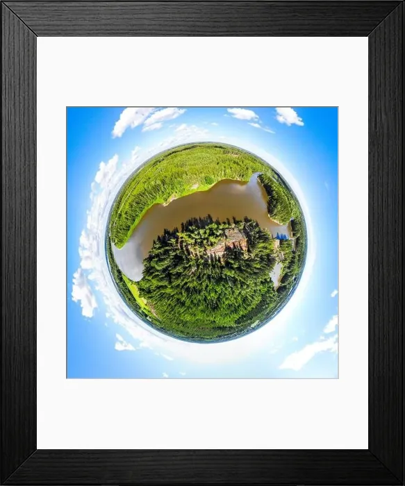 Framed Print : A three dimensional panoramic view of of rapid Ahvionkoski at Kymijoki river, Finland, in a mini planet panorama style Framed Print : A three dimensional panoramic view of of rapid Ahvionkoski at Kymijoki river, Finland, in a mini planet panorama style