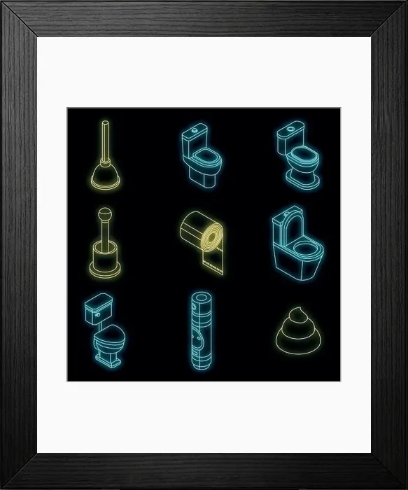 Framed Print : Toilet bathroom icon set. Isometric set of toilet bathroom vector icons neon on black Framed Print : Toilet bathroom icon set. Isometric set of toilet bathroom vector icons neon on black