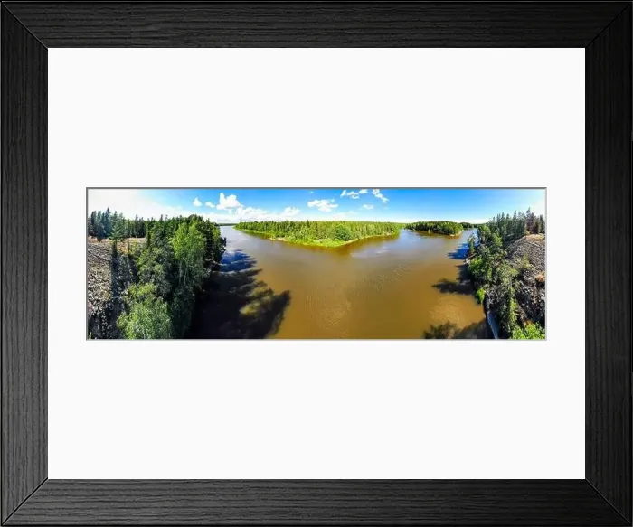 Framed Print : Aerial panoramic summer view of rapid Ahvionkoski at river Kymijoki, Finland Framed Print : Aerial panoramic summer view of rapid Ahvionkoski at river Kymijoki, Finland