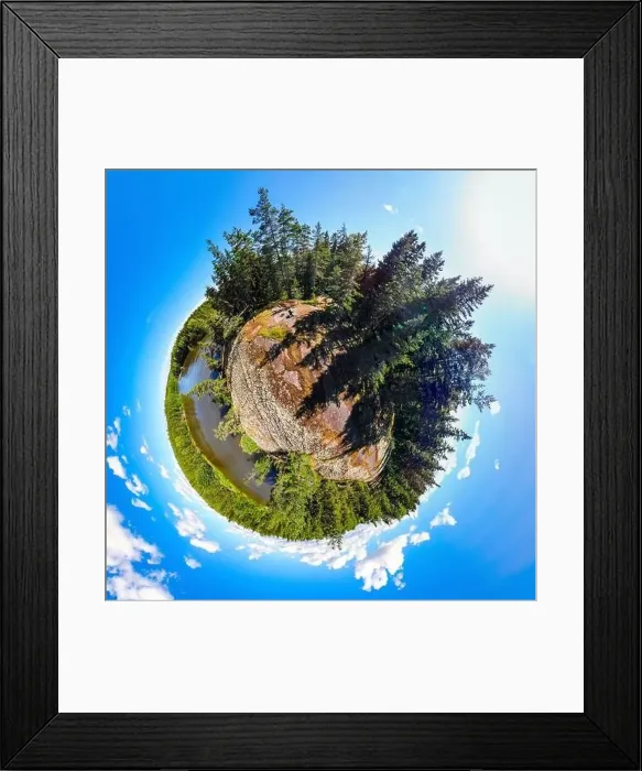 Framed Print : A three dimensional panoramic view of of rapid Ahvionkoski at Kymijoki river, Finland, in a mini planet panorama style Framed Print : A three dimensional panoramic view of of rapid Ahvionkoski at Kymijoki river, Finland, in a mini planet panorama style