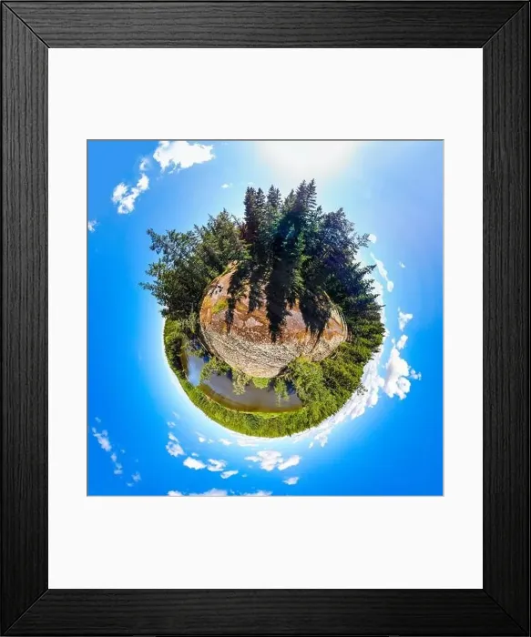 Framed Print : A three dimensional panoramic view of of rapid Ahvionkoski at Kymijoki river, Finland, in a mini planet panorama style Framed Print : A three dimensional panoramic view of of rapid Ahvionkoski at Kymijoki river, Finland, in a mini planet panorama style