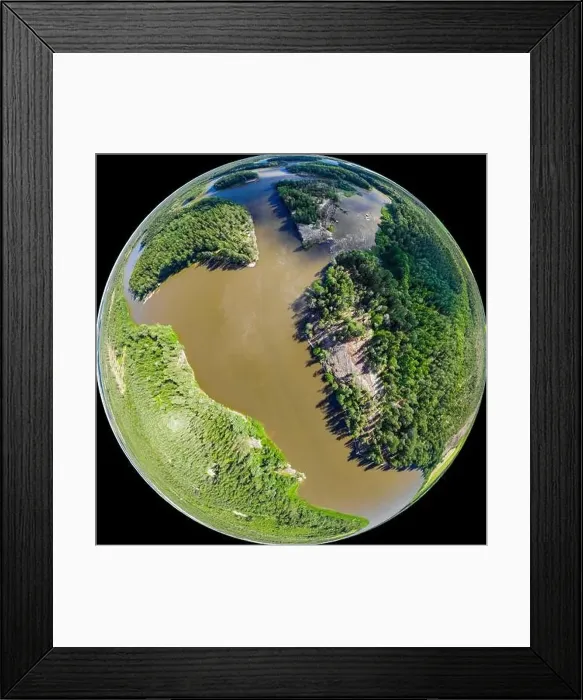 Framed Print : A three dimensional panoramic view of of rapid Ahvionkoski at Kymijoki river, Finland, in a mini planet panorama style