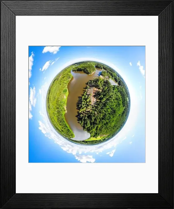 Framed Print : A three dimensional panoramic view of of rapid Ahvionkoski at Kymijoki river, Finland, in a mini planet panorama style