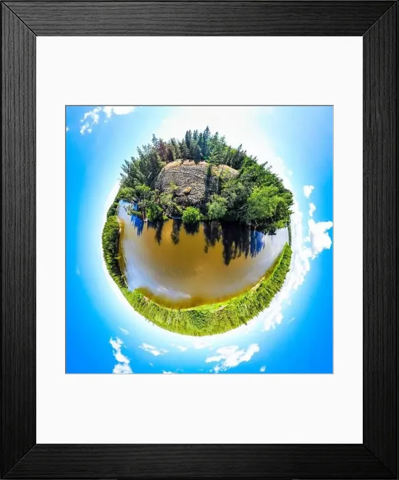 Framed Print : A three dimensional panoramic view of of rapid Ahvionkoski at Kymijoki river, Finland, in a mini planet panorama style Framed Print : A three dimensional panoramic view of of rapid Ahvionkoski at Kymijoki river, Finland, in a mini planet panorama style