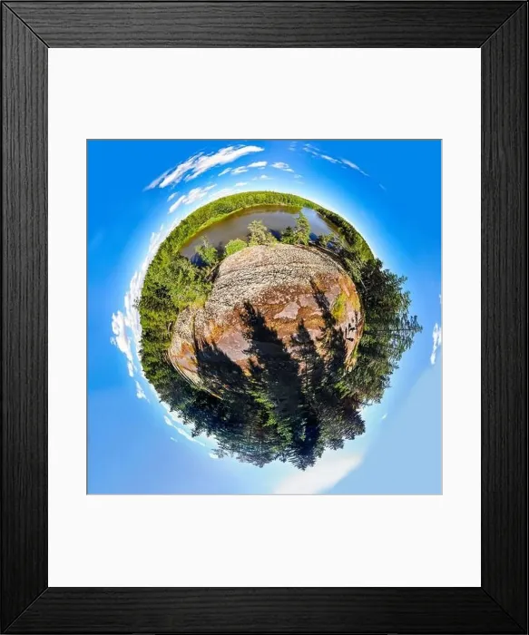 Framed Print : A three dimensional panoramic view of of rapid Ahvionkoski at Kymijoki river, Finland, in a mini planet panorama style Framed Print : A three dimensional panoramic view of of rapid Ahvionkoski at Kymijoki river, Finland, in a mini planet panorama style