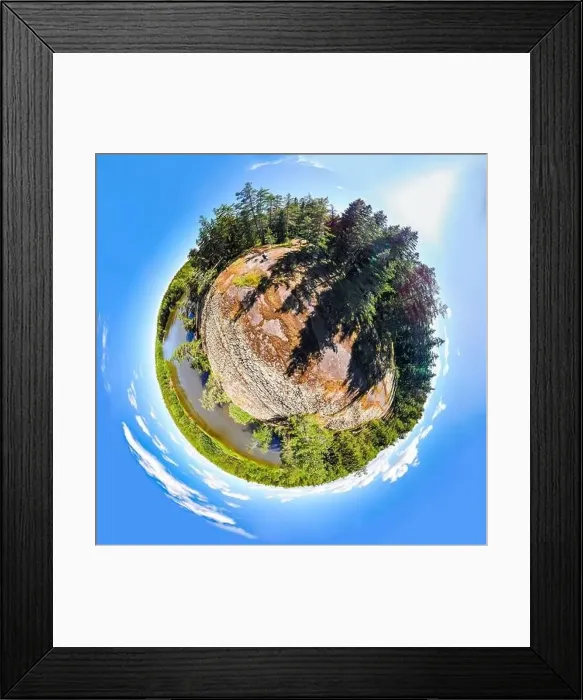 Framed Print : A three dimensional panoramic view of of rapid Ahvionkoski at Kymijoki river, Finland, in a mini planet panorama style Framed Print : A three dimensional panoramic view of of rapid Ahvionkoski at Kymijoki river, Finland, in a mini planet panorama style