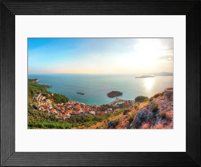 Framed Print : Aerial stunning view of the islet Sveti Stefan from church st Framed Print : Aerial stunning view of the islet Sveti Stefan from church st