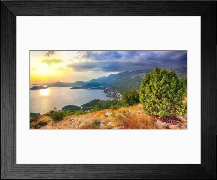 Framed Print : Aerial sunset view of Adriatic coast from church st Framed Print : Aerial sunset view of Adriatic coast from church st