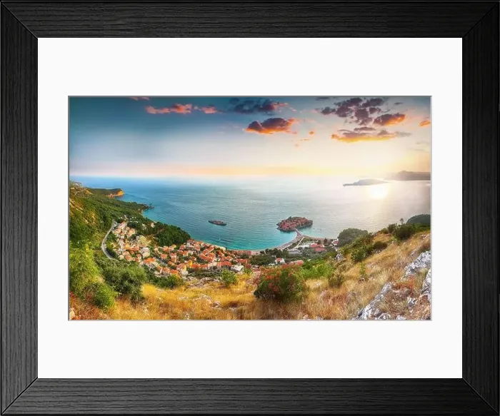 Framed Print : Aerial sunset view of the islet Sveti Stefan from church st Framed Print : Aerial sunset view of the islet Sveti Stefan from church st