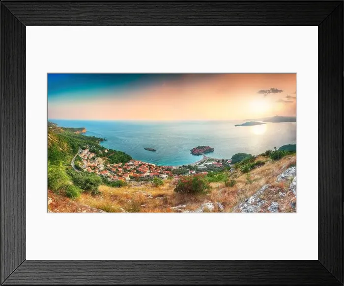 Framed Print : Aerial sunset view of the islet Sveti Stefan from church st Framed Print : Aerial sunset view of the islet Sveti Stefan from church st