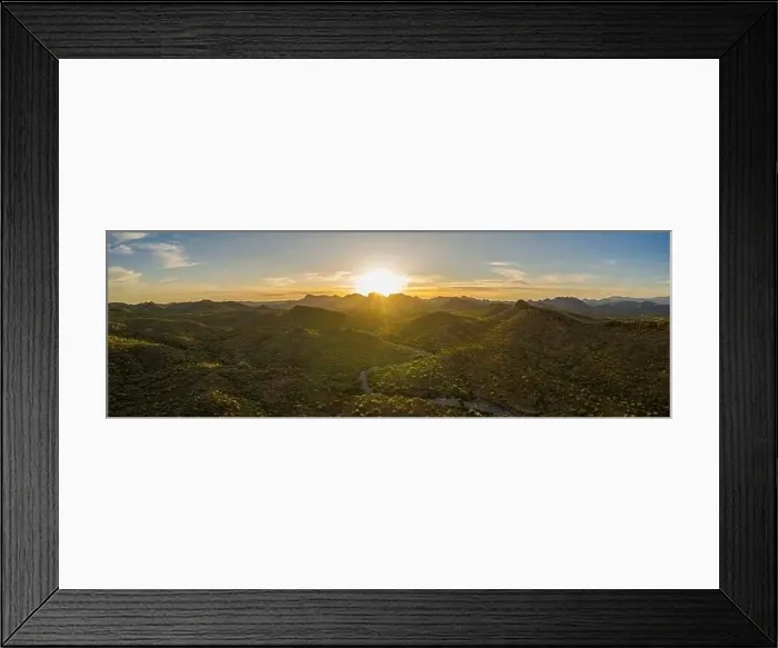 Framed Print : Aerial panorama over the Arizona desert during sunset with mountains and a meandering dry stream Framed Print : Aerial panorama over the Arizona desert during sunset with mountains and a meandering dry stream