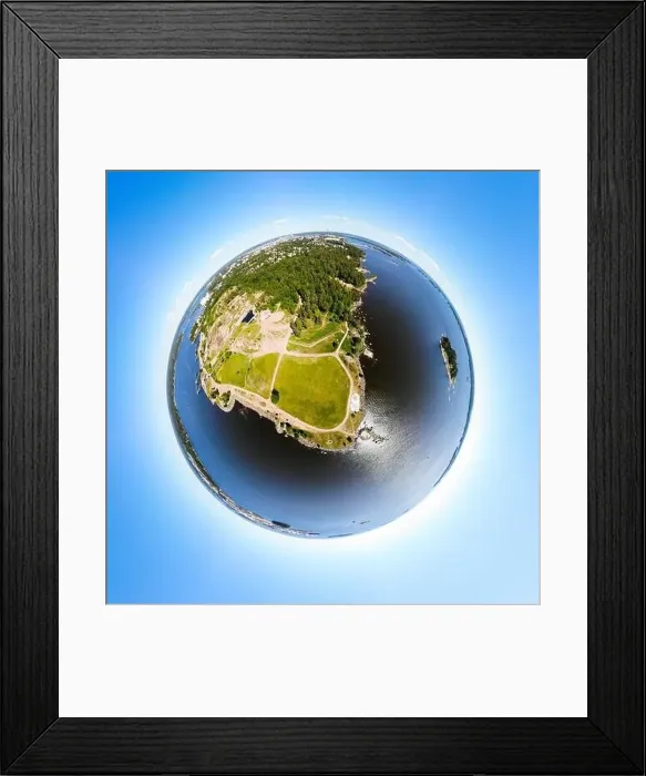 Framed Print : A three dimensional panoramic aerial view of Katariina Seaside Park in a mini planet panorama style. Kotka, Finland
