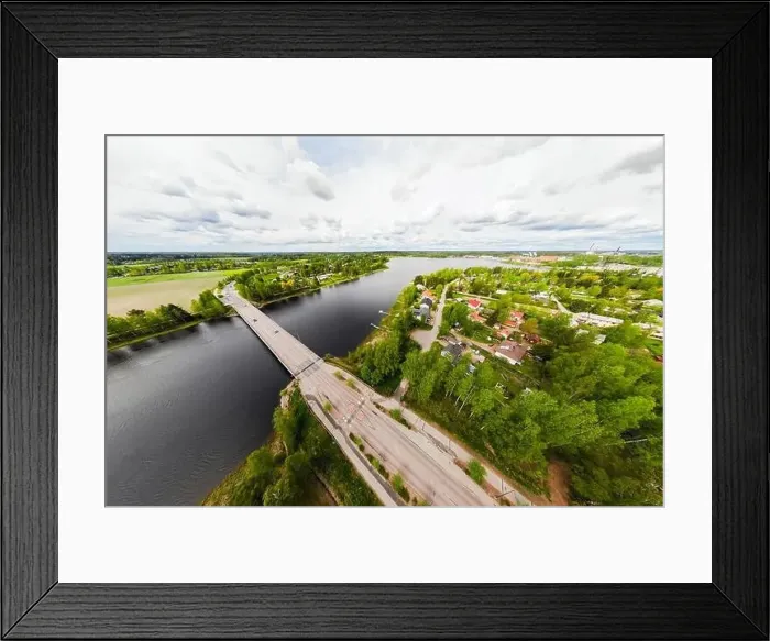 Framed Print : Aerial panoramic view of bridge in city Inkeroinen at river Kymijoki, Finland