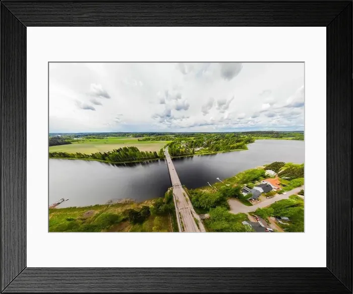 Framed Print : Aerial panoramic view of bridge in city Inkeroinen at river Kymijoki, Finland