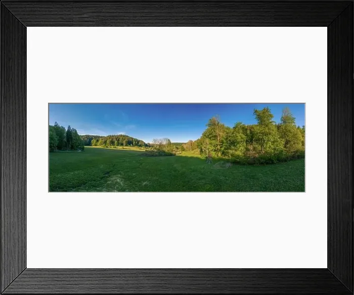 Framed Print : Aerial view over a green wide meadow with trees Framed Print : Aerial view over a green wide meadow with trees