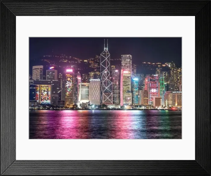Framed Print : The incredible night cityscape view of lights on the water on Victoria Harbour in Hong Kong