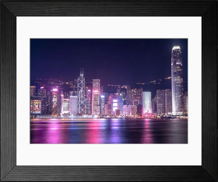 Framed Print : The incredible night cityscape view of lights on the water on Victoria Harbour in Hong Kong