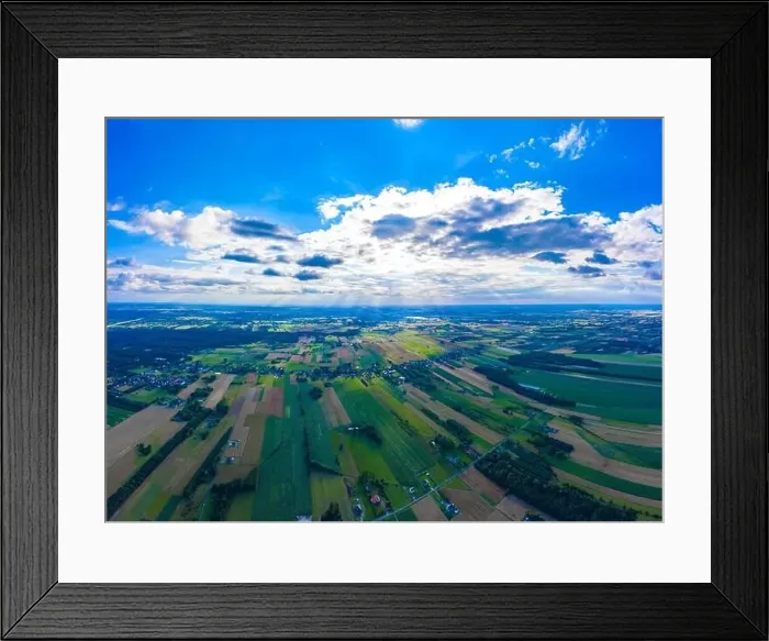 Framed Print : Panoramic Aerial vast green field view - Agriculture field aerial photo - Green landscapes drone photo
