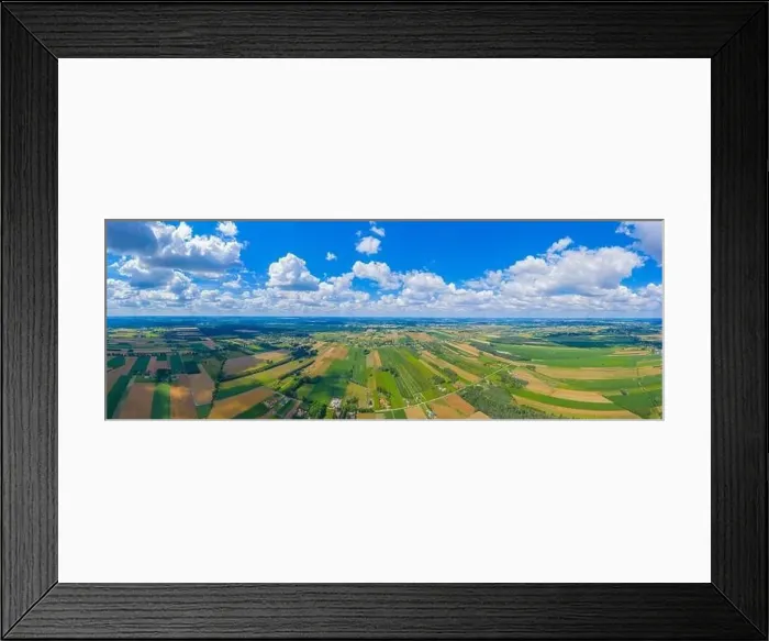 Framed Print : Panoramic Aerial vast green field view - Agriculture field aerial photo - Green landscapes drone photo