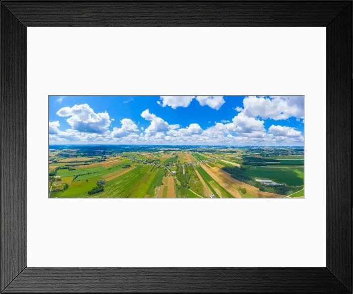 Framed Print : Stunning aerial panorama from a drone of countryside, village, green fields and trees, agriculture concept Framed Print : Stunning aerial panorama from a drone of countryside, village, green fields and trees, agriculture concept