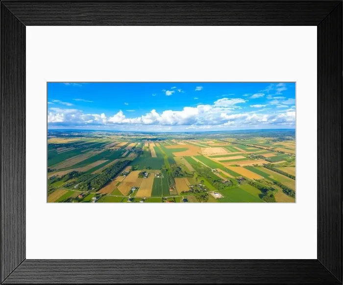 Framed Print : Stunning aerial panorama from a drone of countryside, village, green fields and trees, agriculture concept Framed Print : Stunning aerial panorama from a drone of countryside, village, green fields and trees, agriculture concept