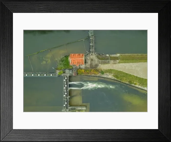 Framed Print : Water management via a water lock in a river in the german landscape next to munich, bavaria