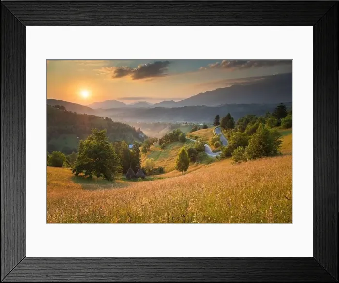 Framed Print : Summer sunrise in the Transylvanian village. Aerial foggy landscape in Transylvania, at sunrise Framed Print : Summer sunrise in the Transylvanian village. Aerial foggy landscape in Transylvania, at sunrise