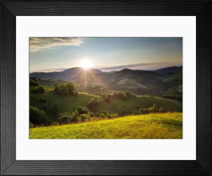 Framed Print : Summer sunrise in the Transylvanian village. Aerial foggy landscape in Transylvania, at sunrise Framed Print : Summer sunrise in the Transylvanian village. Aerial foggy landscape in Transylvania, at sunrise