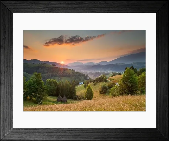 Framed Print : Summer sunrise in the Transylvanian village. Aerial foggy landscape in Transylvania, at sunrise Framed Print : Summer sunrise in the Transylvanian village. Aerial foggy landscape in Transylvania, at sunrise
