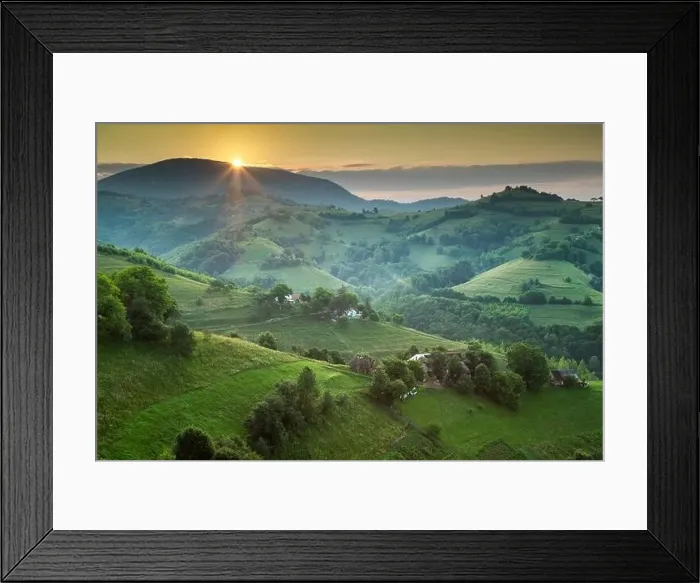 Framed Print : Summer sunrise in the Transylvanian village. Aerial foggy landscape in Transylvania, at sunrise Framed Print : Summer sunrise in the Transylvanian village. Aerial foggy landscape in Transylvania, at sunrise
