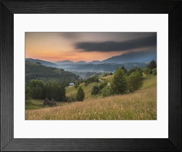 Framed Print : Summer sunrise in the Transylvanian village. Aerial foggy landscape in Transylvania, at sunrise Framed Print : Summer sunrise in the Transylvanian village. Aerial foggy landscape in Transylvania, at sunrise