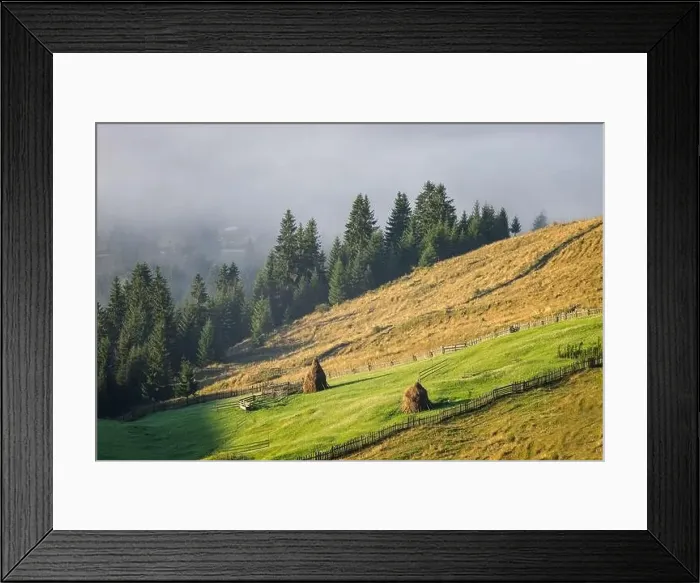 Framed Print : Summer sunrise in the Transylvanian village. Aerial foggy landscape in Transylvania, at sunrise Framed Print : Summer sunrise in the Transylvanian village. Aerial foggy landscape in Transylvania, at sunrise
