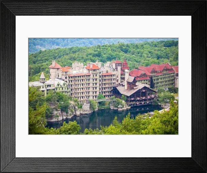 Framed Print : Mohonk Mountain House with Sky Top Tower Aerial view in summer Framed Print : Mohonk Mountain House with Sky Top Tower Aerial view in summer