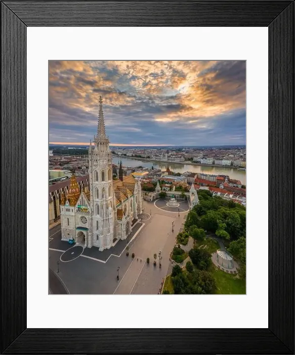 Framed Print : Budapest, Hungary - Aerial drone view of the beautiful Matthias Church in the morning with Fisherman's Bastion Framed Print : Budapest, Hungary - Aerial drone view of the beautiful Matthias Church in the morning with Fisherman's Bastion