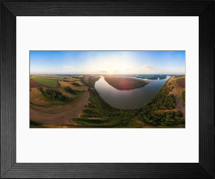 Framed Print : Aerial drone view of river landscape in sunny summer evening Framed Print : Aerial drone view of river landscape in sunny summer evening
