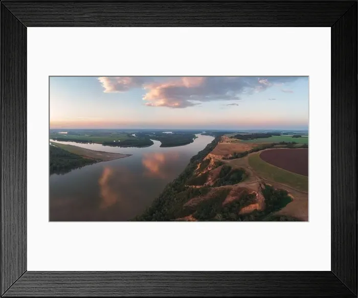 Framed Print : Aerial drone view of river landscape in sunny summer evening Framed Print : Aerial drone view of river landscape in sunny summer evening