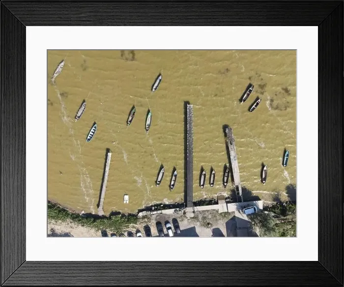 Framed Print : Fishing boats in a small village in Dobrogea, Romania. Aerial view Framed Print : Fishing boats in a small village in Dobrogea, Romania. Aerial view