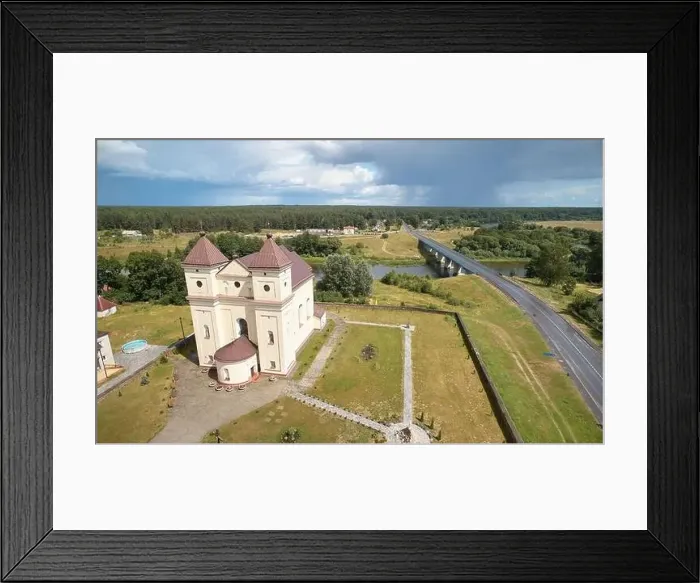 Framed Print : Brown church in town landscape with bridge aerial view Framed Print : Brown church in town landscape with bridge aerial view