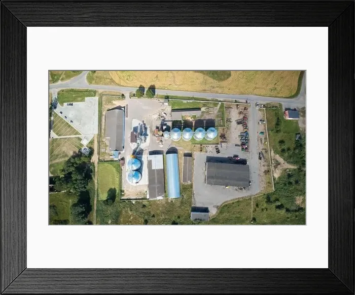Framed Print : Agricultural plant warehouse aerial above top drone view Framed Print : Agricultural plant warehouse aerial above top drone view